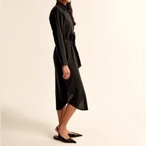 Abercrombie Black Linen Blend Midi Dress Belted, Button Front in Black SZ Large